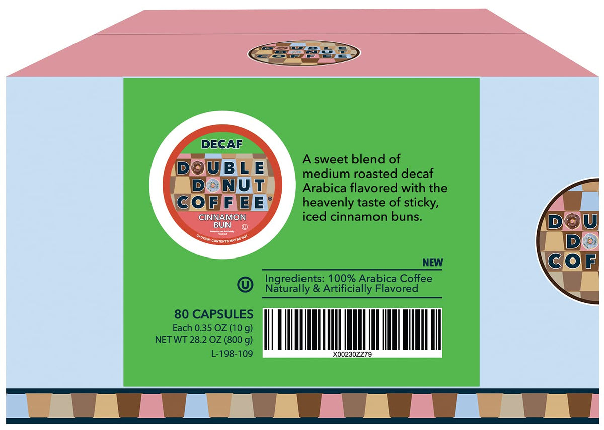 Double Donut Coffee Decaf Cinnamon Bun Pods | 80-Count Keurig K-Cups, Recyclable & Kosher