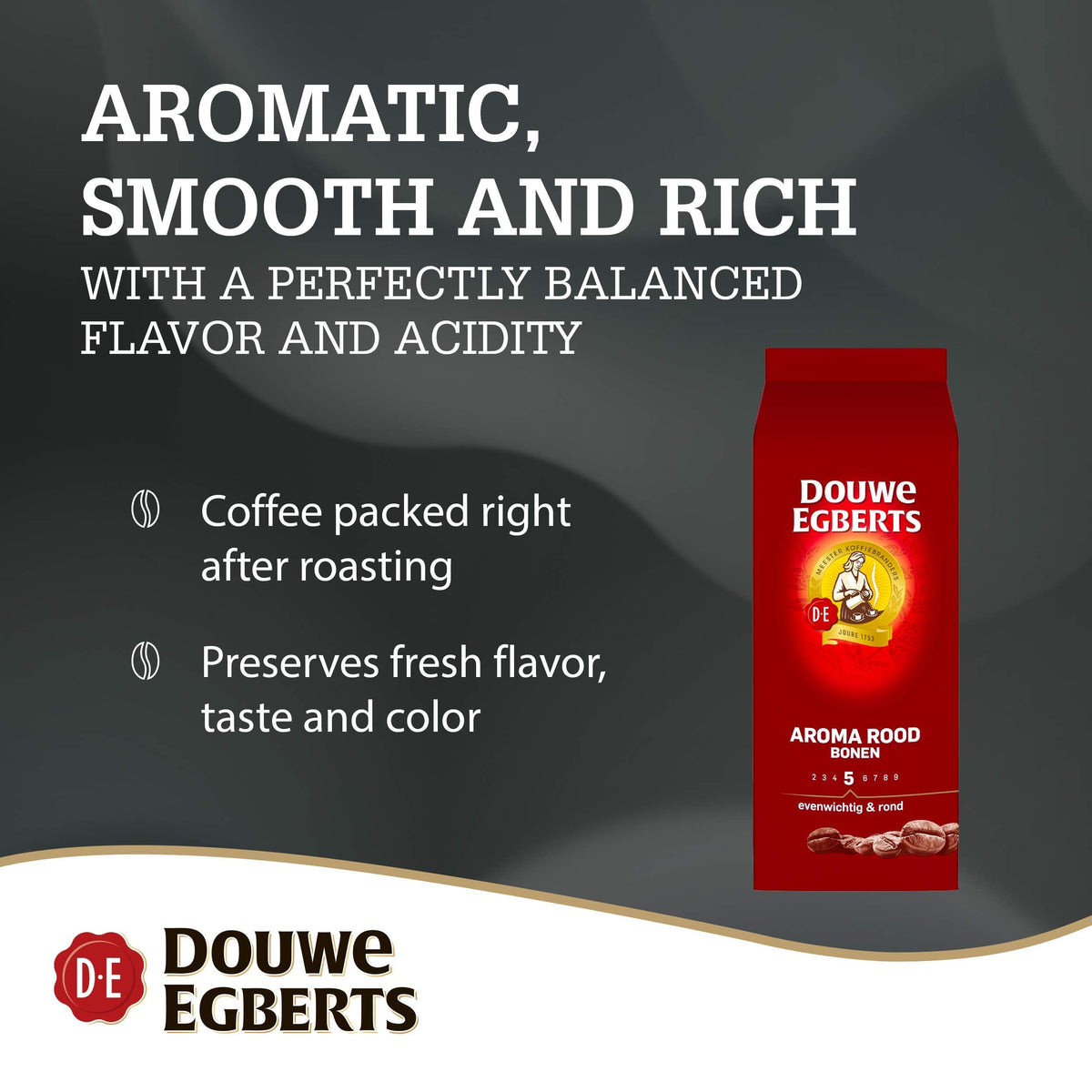 Douwe Egberts Aroma Rood Whole Beans Coffee – 2 x 17.6oz/500g Vacuum-Packed