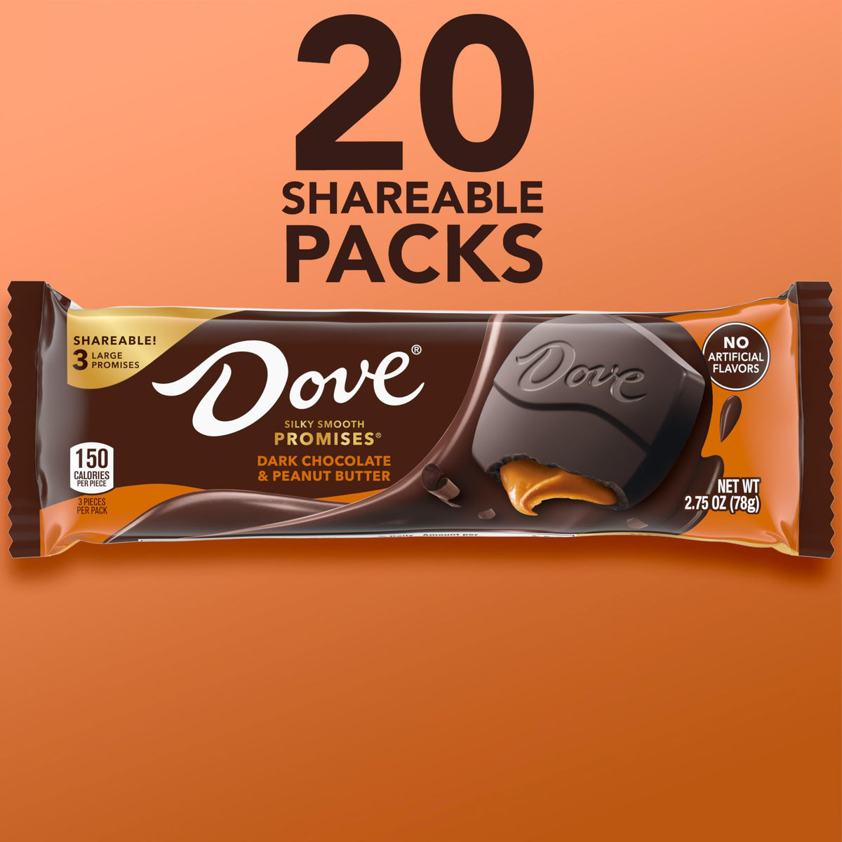 Dove Promises Dark Chocolate Peanut Butter Candies — Large Squares, 20-Pack Bulk
