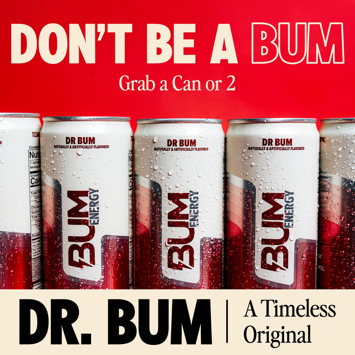 BUM Sugar-Free Energy Drink by Dr Bum – Lightly Carbonated, Natural Caffeine & Cognizin for Focus | 12 oz, 12-Pack