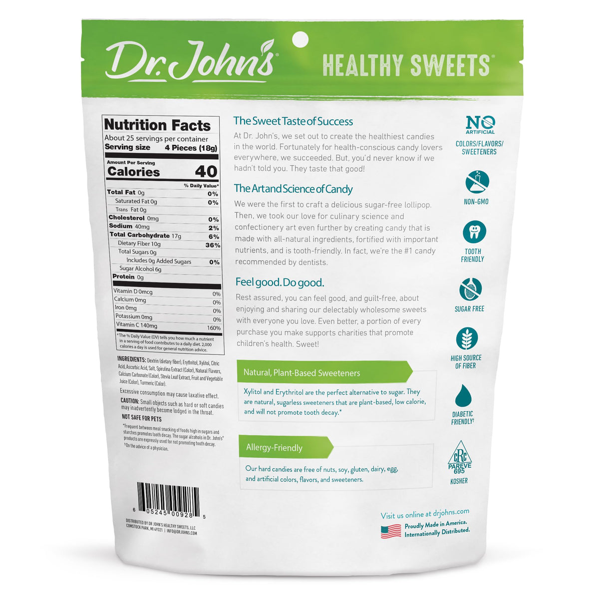 Dr. John's Healthy Sweets Sugar Free Candy - Zero Sugar Lollipops, Keto & Diabetic-Friendly, 60 Count