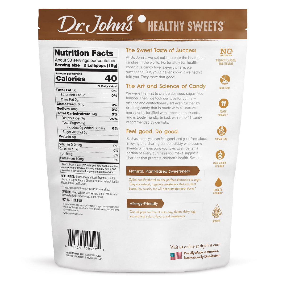 Dr. John's Sugar Free Oval Lollipops – Zero Sugar, Low Calorie, Keto Friendly, 60 Count