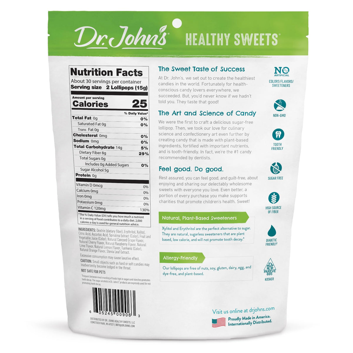 Dr. John's Sugar Free Oval Lollipops – Zero Sugar, Low Calorie, Keto Friendly (60 Count)