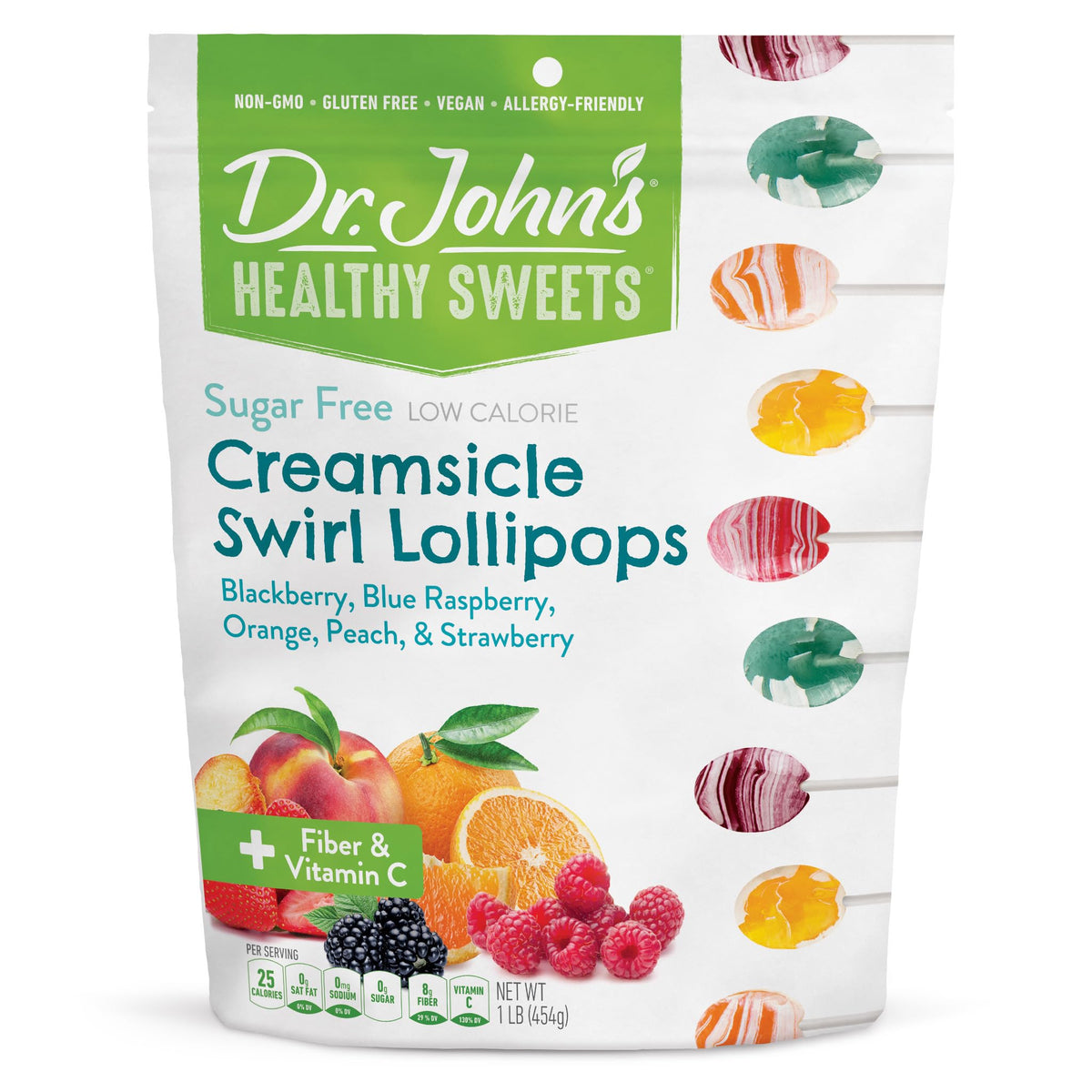 Dr. John's Sugar Free Candy – Creamsicle Swirl Oval Lollipops, Keto Friendly, 60-Count
