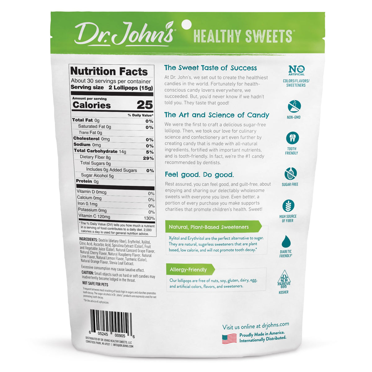 Dr. John's Healthy Sweets Sugar Free Lollipops – Zero Sugar, Low Calorie, Keto Friendly, 60 Count