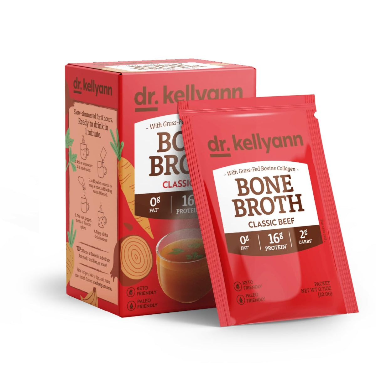 Dr. Kellyann Classic Beef Bone Broth Collagen Packets – 16g Protein, Grass-Fed, Keto & Paleo
