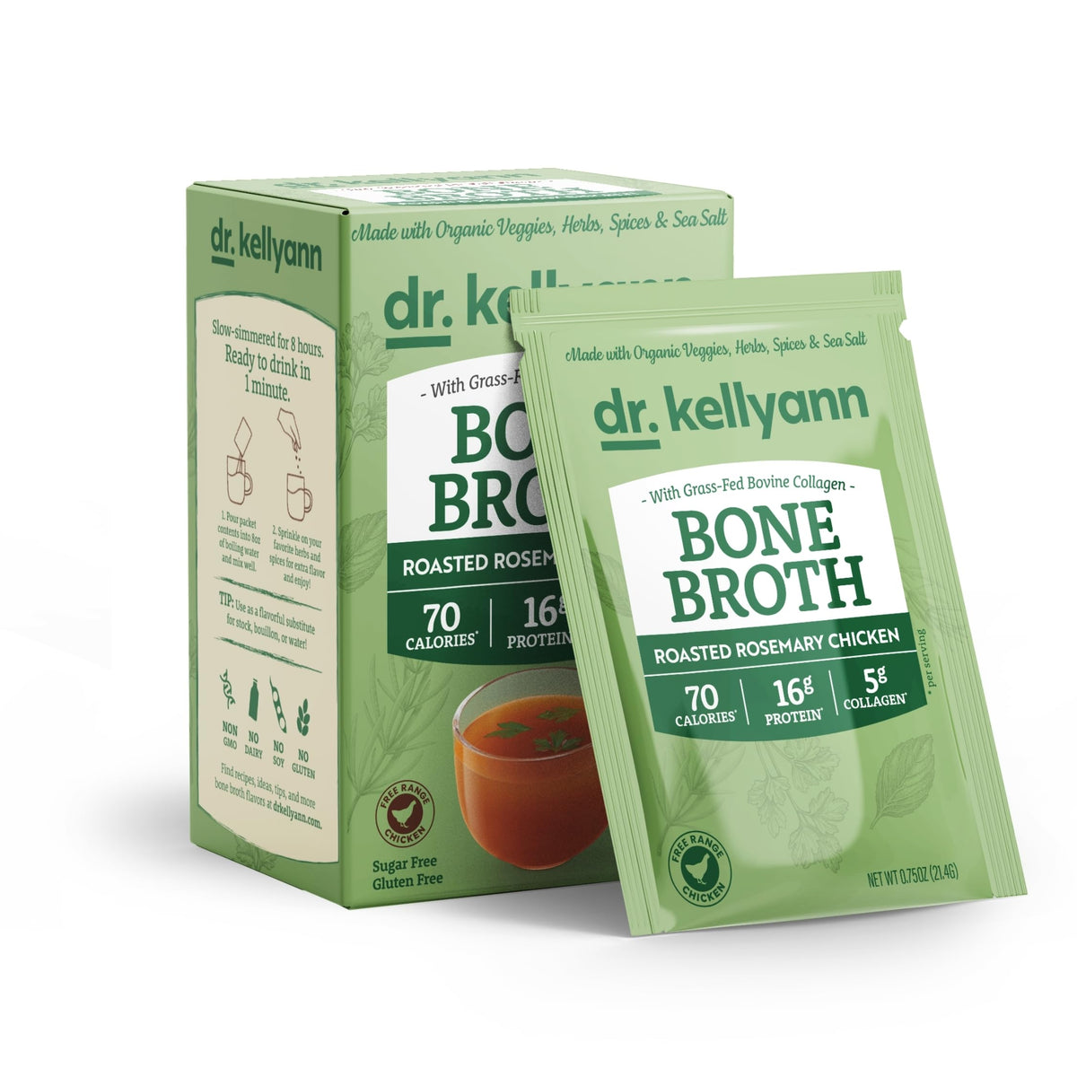 Dr. Kellyann Roasted Rosemary Chicken Bone Broth Packets – 7 Servings, 16g Protein, Grass-Fed Collagen, Keto & Paleo