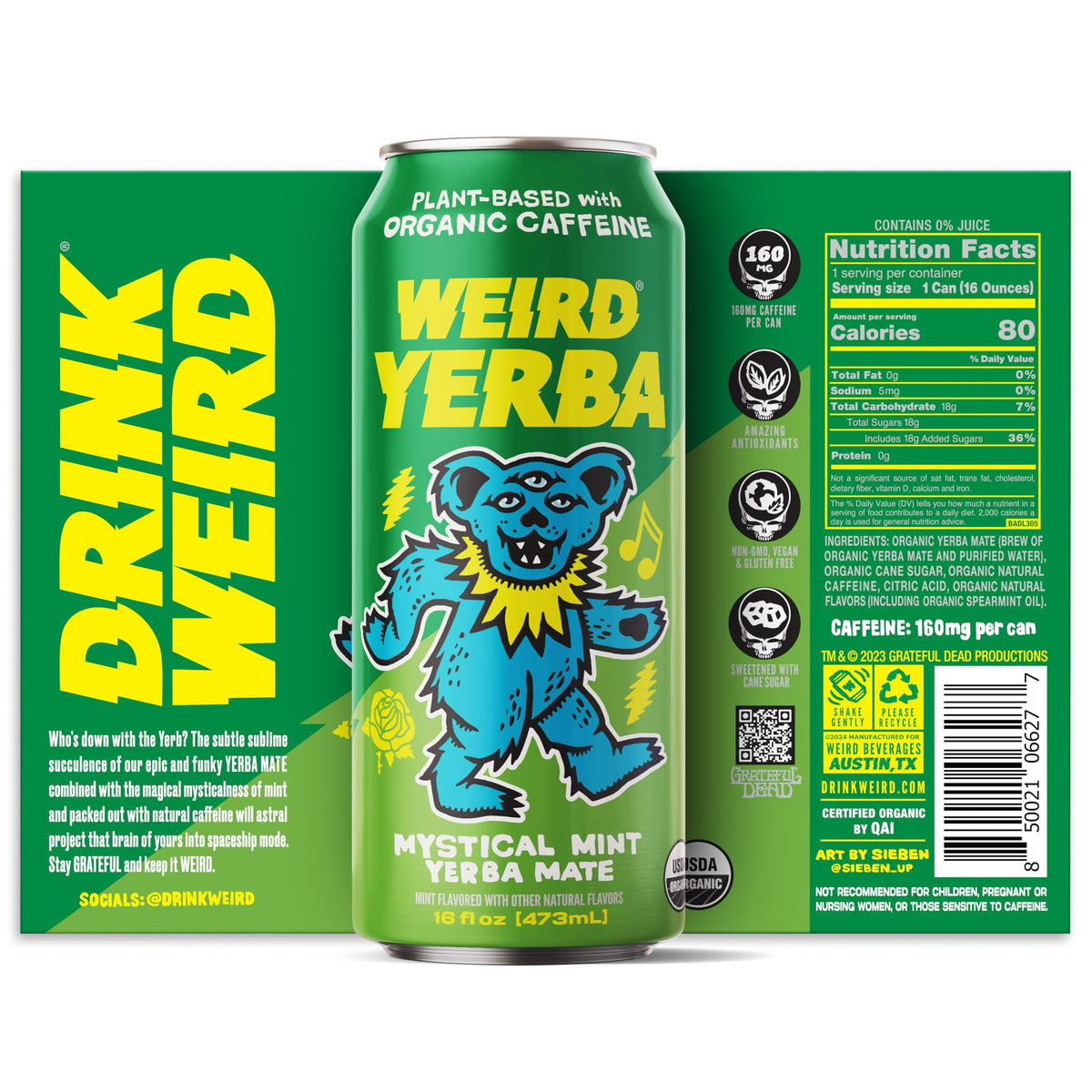Drink Weird Organic Mystical Mint Yerba Mate – 16oz Cans, 12-Pack, Grateful Dead Collab, Clean Energy