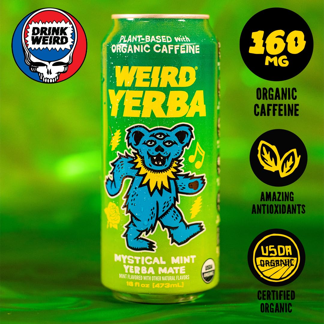 Drink Weird Organic Mystical Mint Yerba Mate – 16oz Cans, 12-Pack, Grateful Dead Collab, Clean Energy