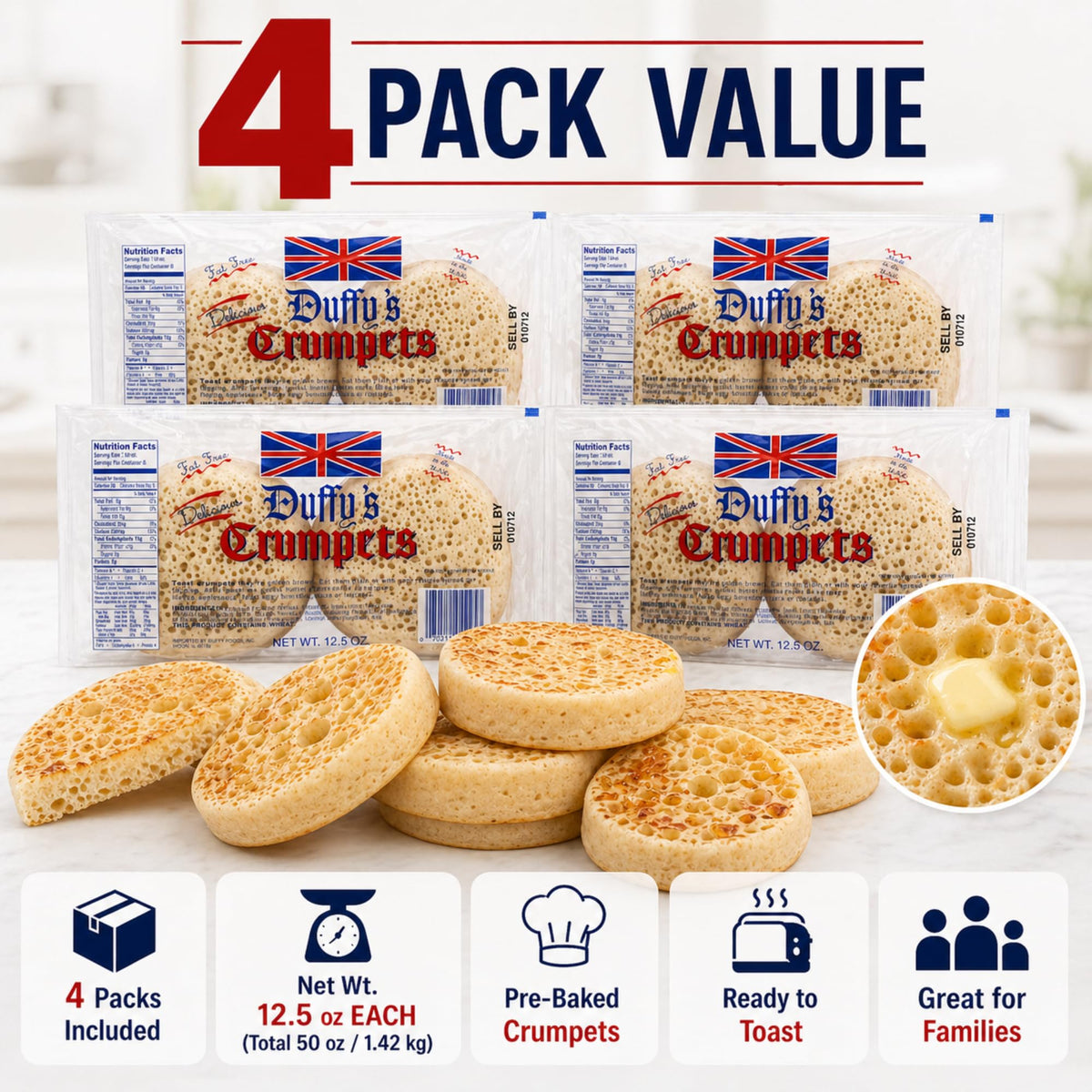 Duffy's Crumpets – Soft & Airy British Breakfast Crumpets, 4-Pack (12.5 oz total)