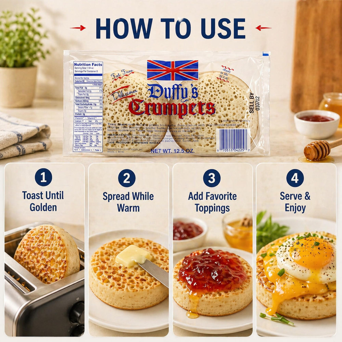Duffy's Crumpets – Soft & Airy British Breakfast Crumpets, 4-Pack (12.5 oz total)