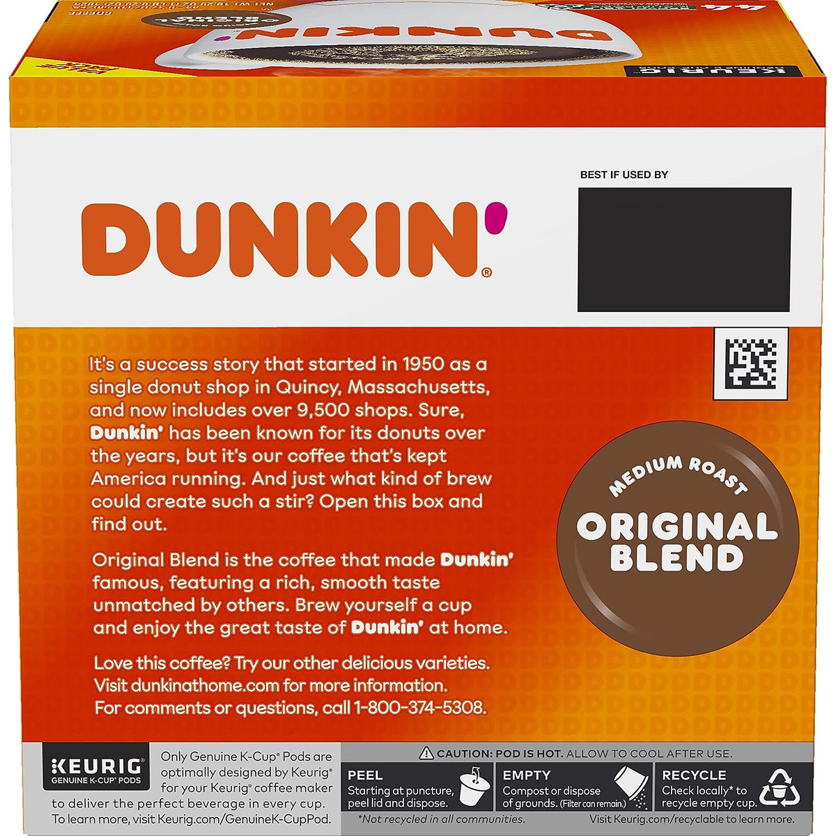 Dunkin' Donuts Original Blend K-Cup Pods – Medium Roast, 44-Count Box (006933)