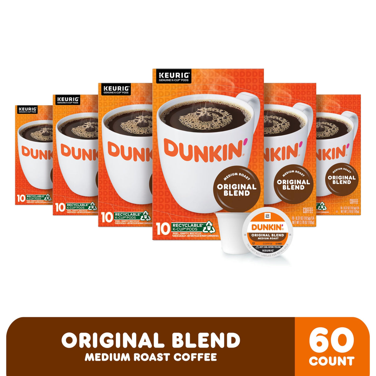 Dunkin’ Original Blend Coffee K-Cup Pods – Medium Roast, Keurig, Pack of 6 (60 Count)