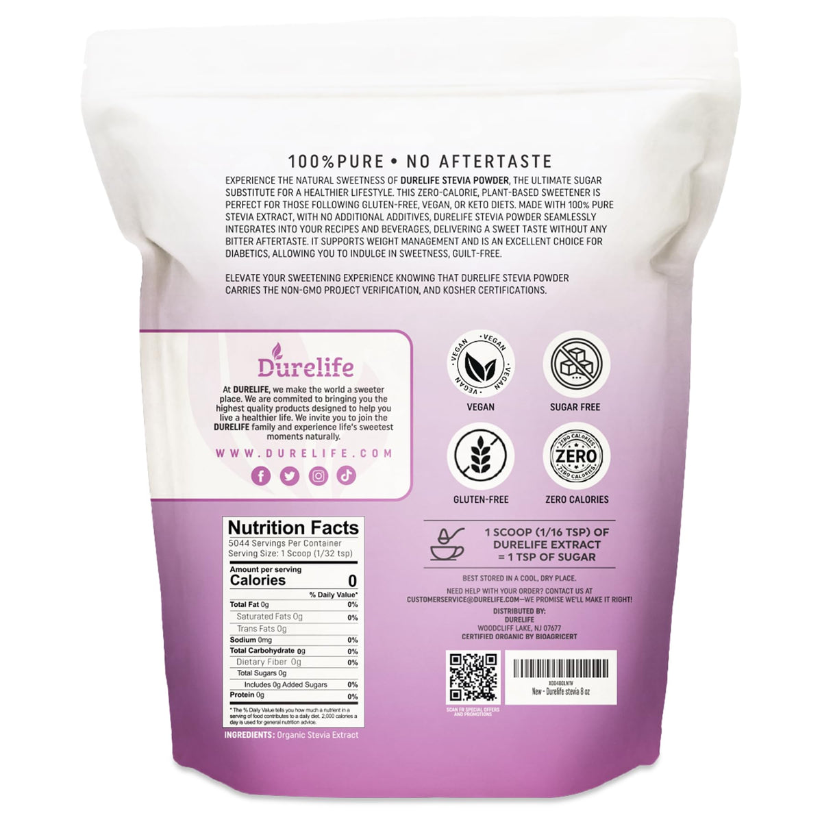DureLife 100% Pure Stevia Extract Sweetener | Zero-Calorie, Non-GMO Project Verified, No Fillers | Micro-Spoon Included | 16 oz