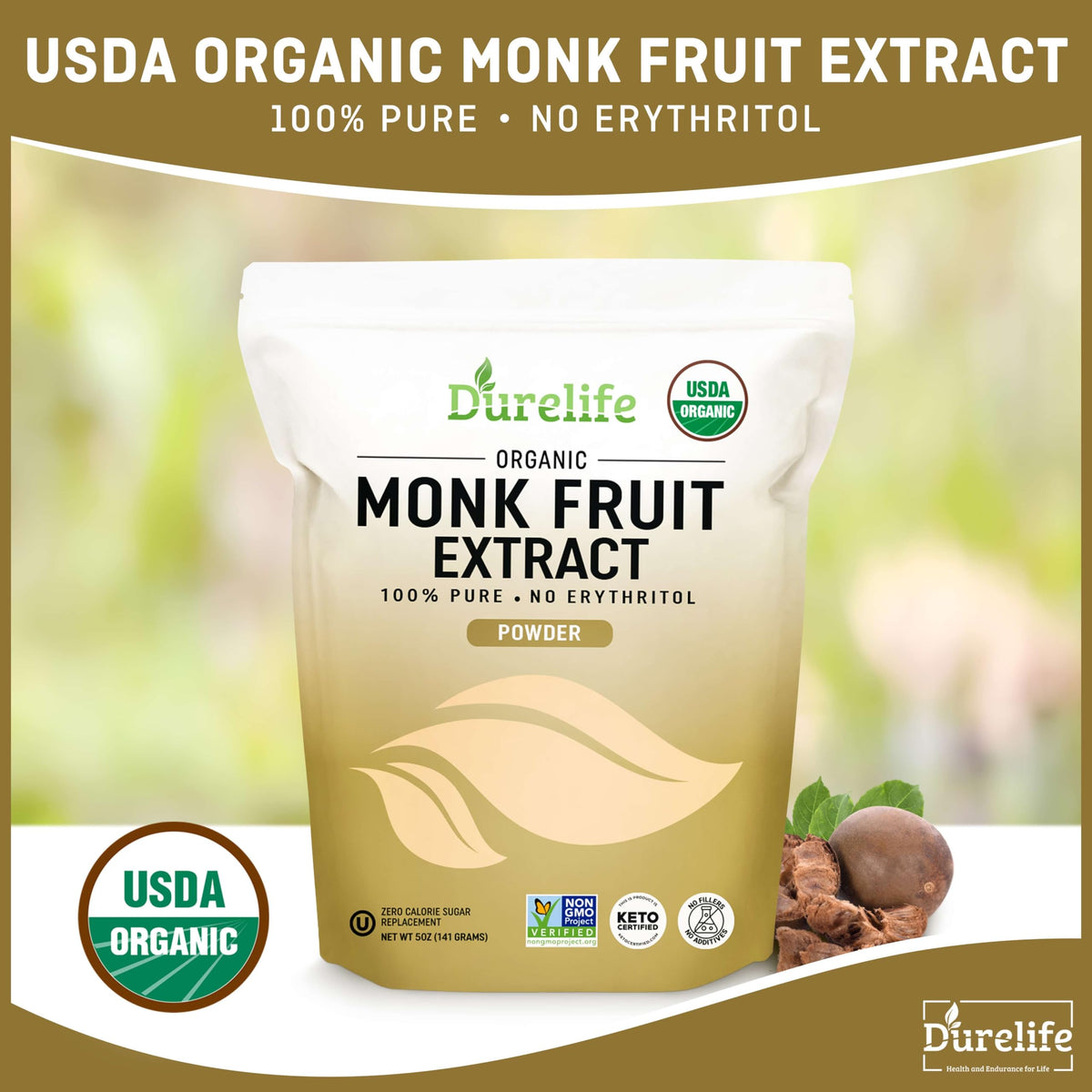 DureLife Organic Monk Fruit Sweetener – 0 Cal, No Erythritol, 5 oz, Keto Certified, Non-GMO, OU Kosher