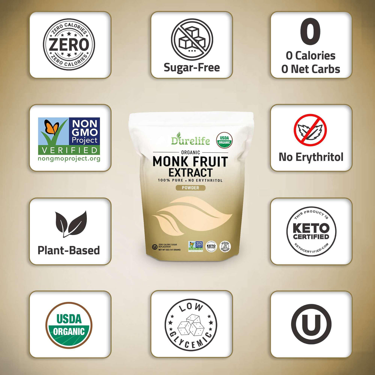 DureLife Organic Monk Fruit Sweetener – 0 Cal, No Erythritol, 5 oz, Keto Certified, Non-GMO, OU Kosher