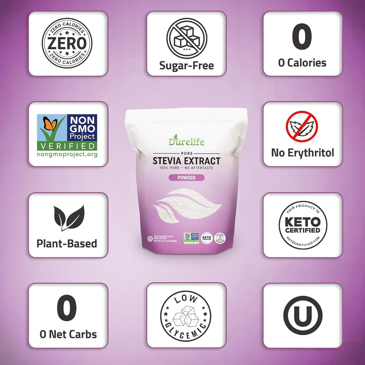 DureLife 100% Pure Stevia Extract Sweetener | Zero-Calorie, Non-GMO Project Verified, No Fillers | Micro-Spoon Included | 16 oz