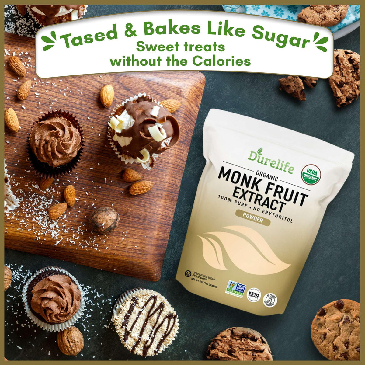 DureLife Organic Monk Fruit Sweetener – 0 Cal, No Erythritol, 5 oz, Keto Certified, Non-GMO, OU Kosher