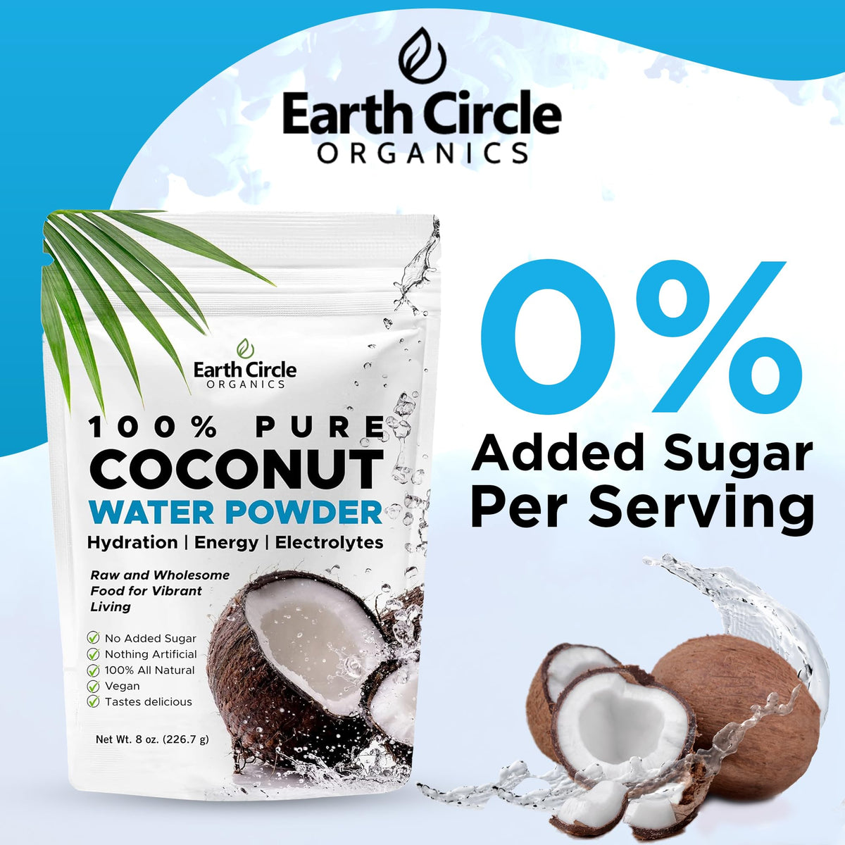 Earth Circle Organics Pure Coconut Water Powder – Hydration & Electrolytes, Unsweetened, Vegan (Pack of 2)