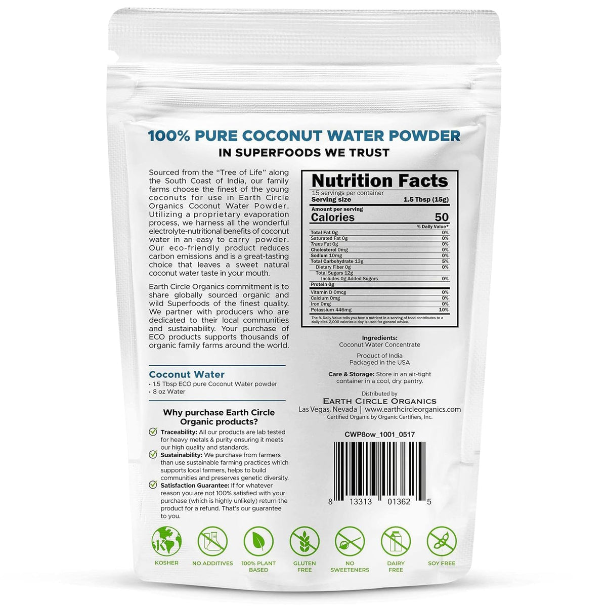 Earth Circle Organics Pure Coconut Water Powder – Hydration & Electrolytes, Unsweetened, Vegan (Pack of 2)