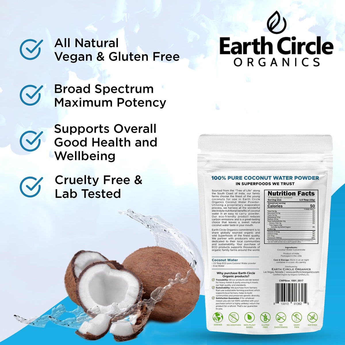 Earth Circle Organics Pure Coconut Water Powder – Hydration & Electrolytes, Unsweetened, Vegan (Pack of 2)