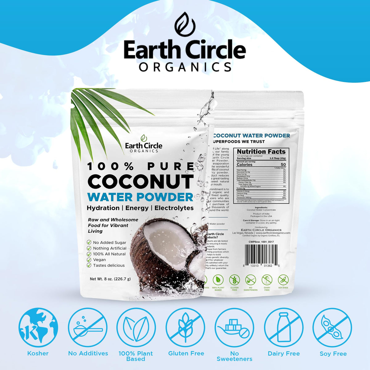 Earth Circle Organics Pure Coconut Water Powder – Hydration & Electrolytes, Unsweetened, Vegan (Pack of 2)