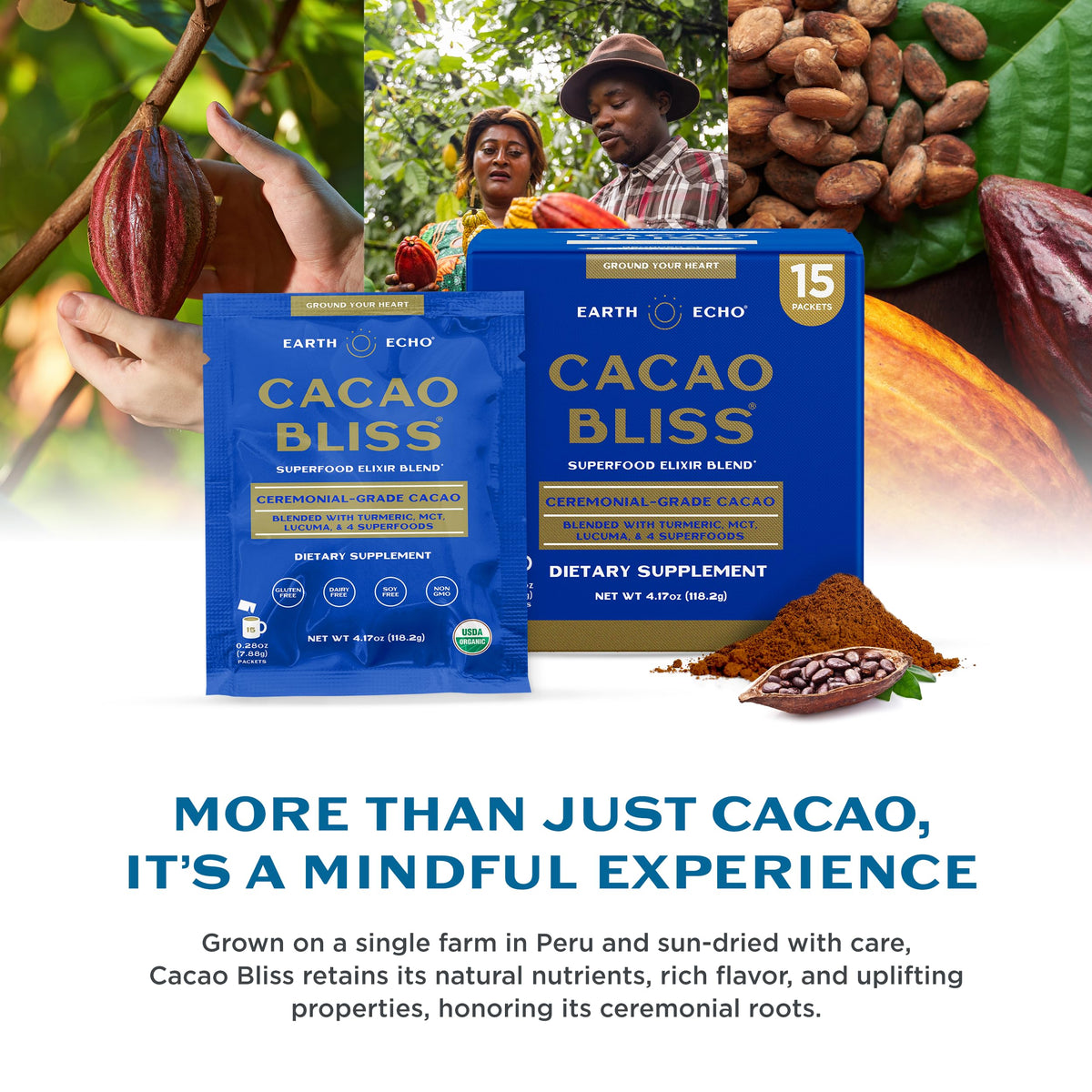 Earth Echo Cacao Bliss - Ceremonial Organic Cacao Powder with MCT Oil & Turmeric | 15 On-the-Go Packets