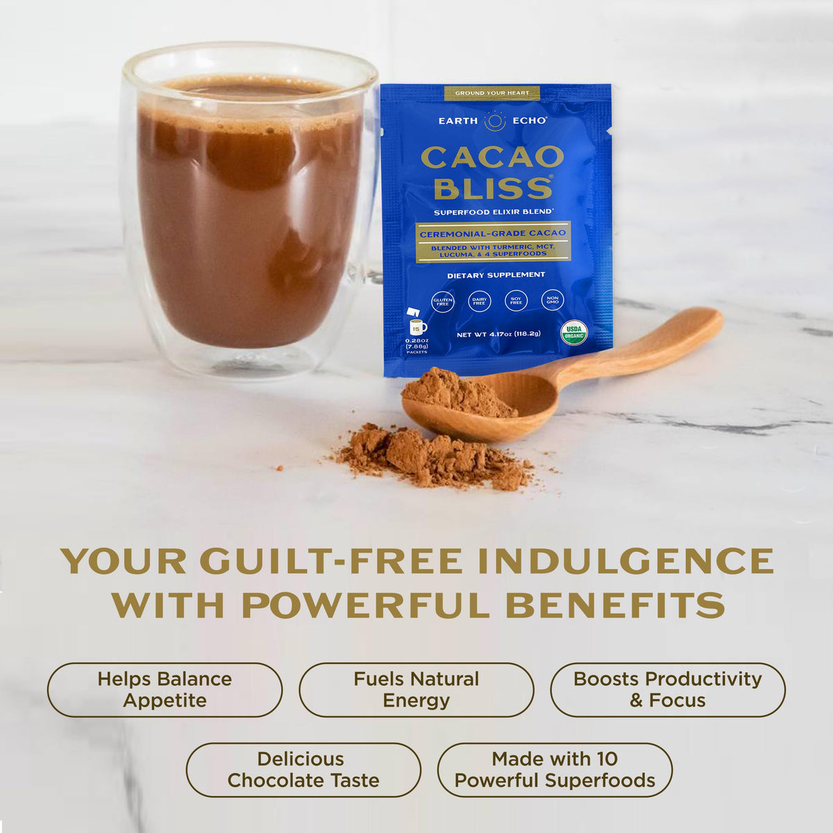 Earth Echo Cacao Bliss - Ceremonial Organic Cacao Powder with MCT Oil & Turmeric | 15 On-the-Go Packets