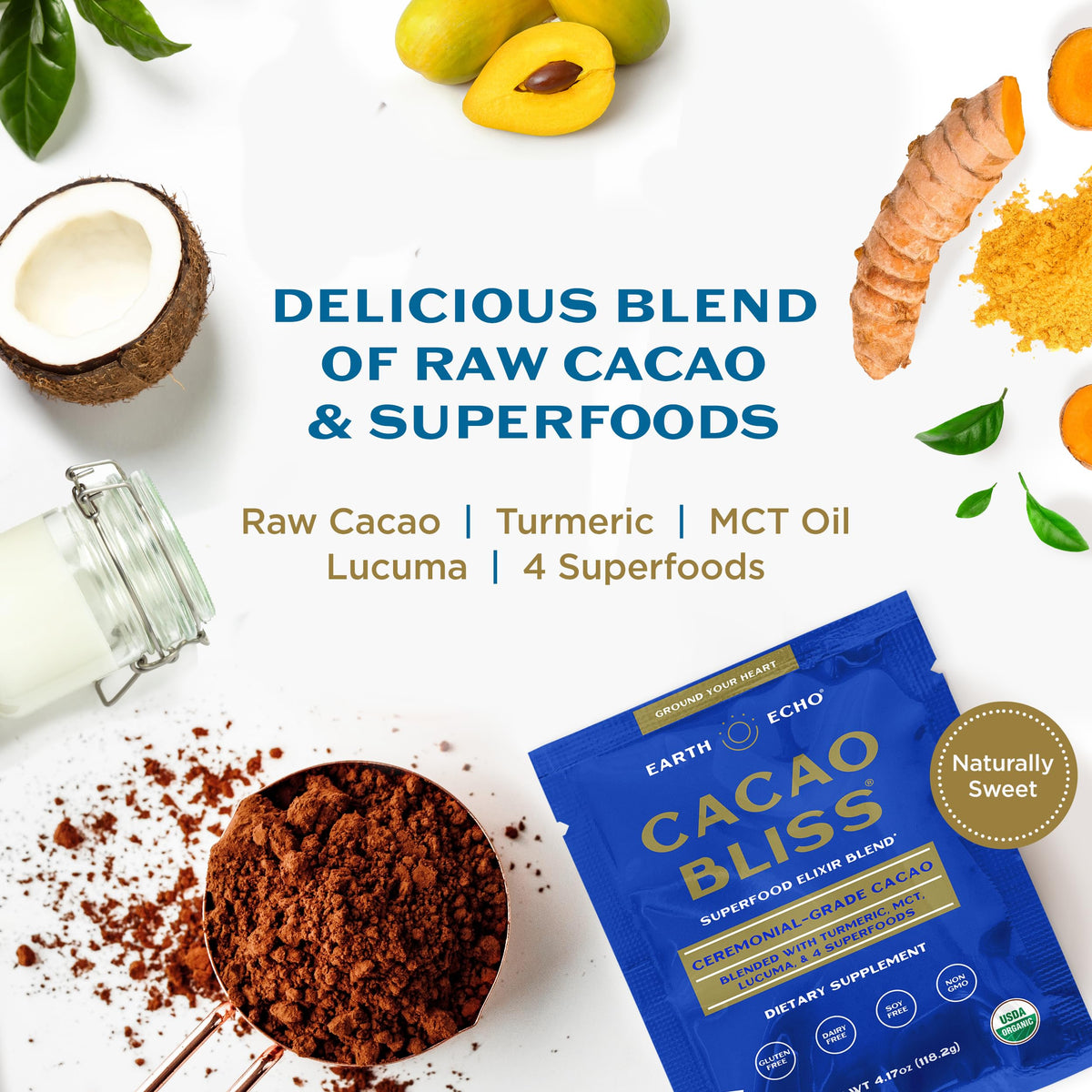 Earth Echo Cacao Bliss - Ceremonial Organic Cacao Powder with MCT Oil & Turmeric | 15 On-the-Go Packets