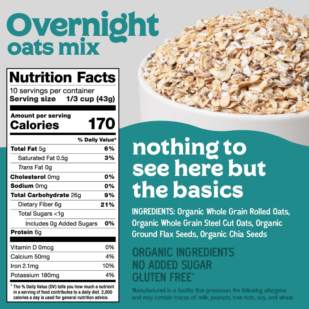 Easy Morning Overnight Oatmeal Mix – Organic, Gluten-Free, No Sugar Added, Soak & Go (38 oz, 25 Servings)