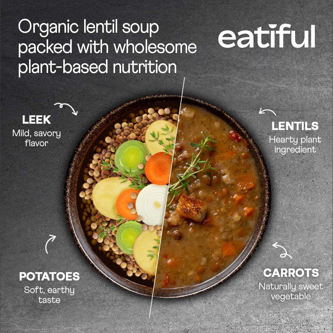 EATIFUL Lentil Soup: Organic Veggies & Tri-Color Lentils, Gluten Free, Pack of 5