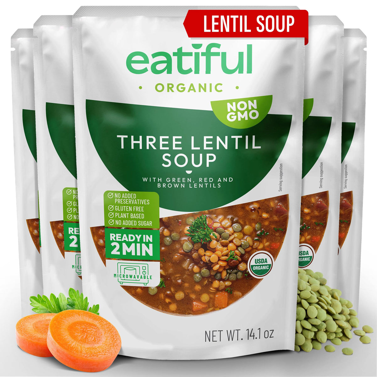 EATIFUL Lentil Soup: Organic Veggies & Tri-Color Lentils, Gluten Free, Pack of 5