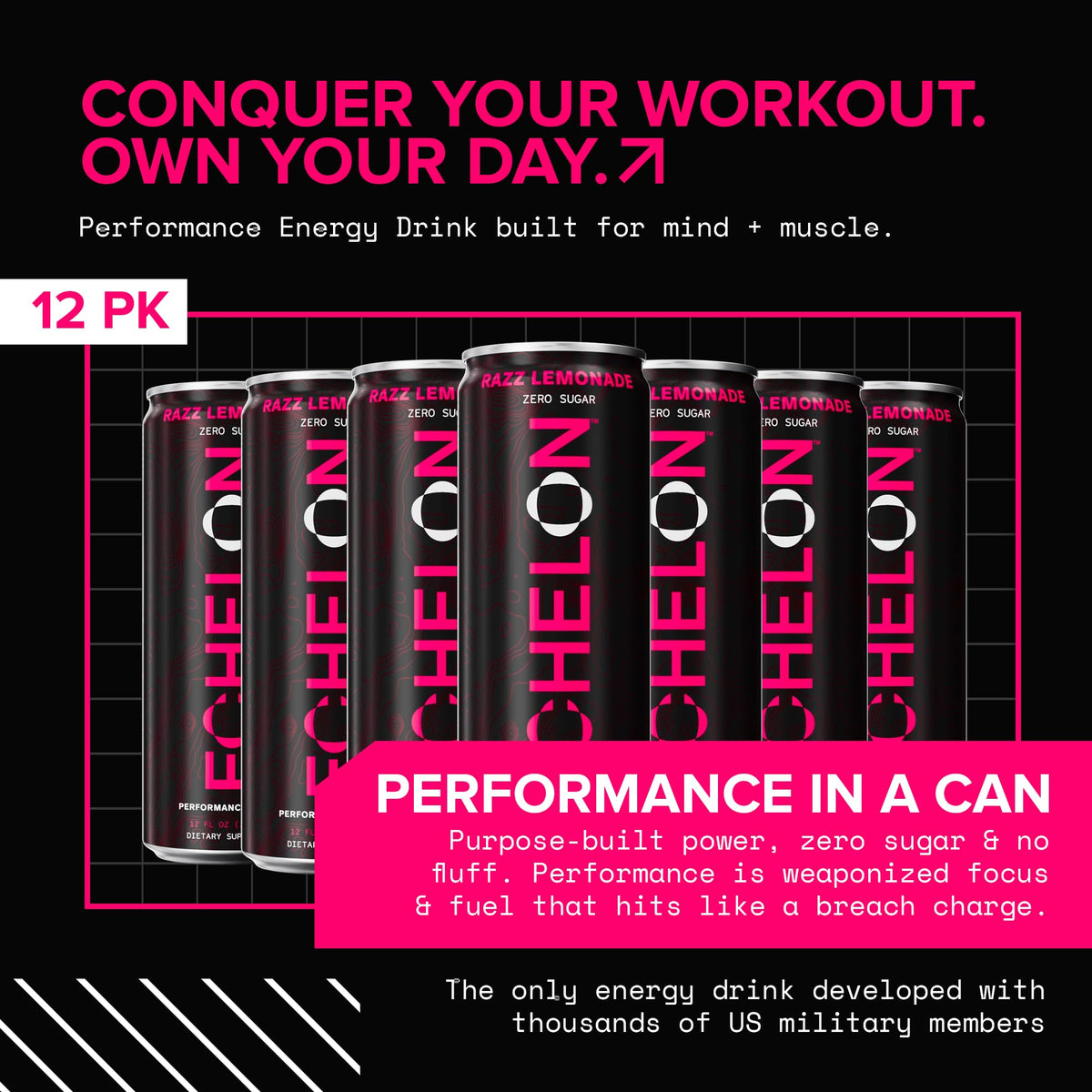 Echelon Razz Lemonade Performance Energy Drink – Zero Sugar, 200mg Caffeine, Endurance & Focus (12 Cans)