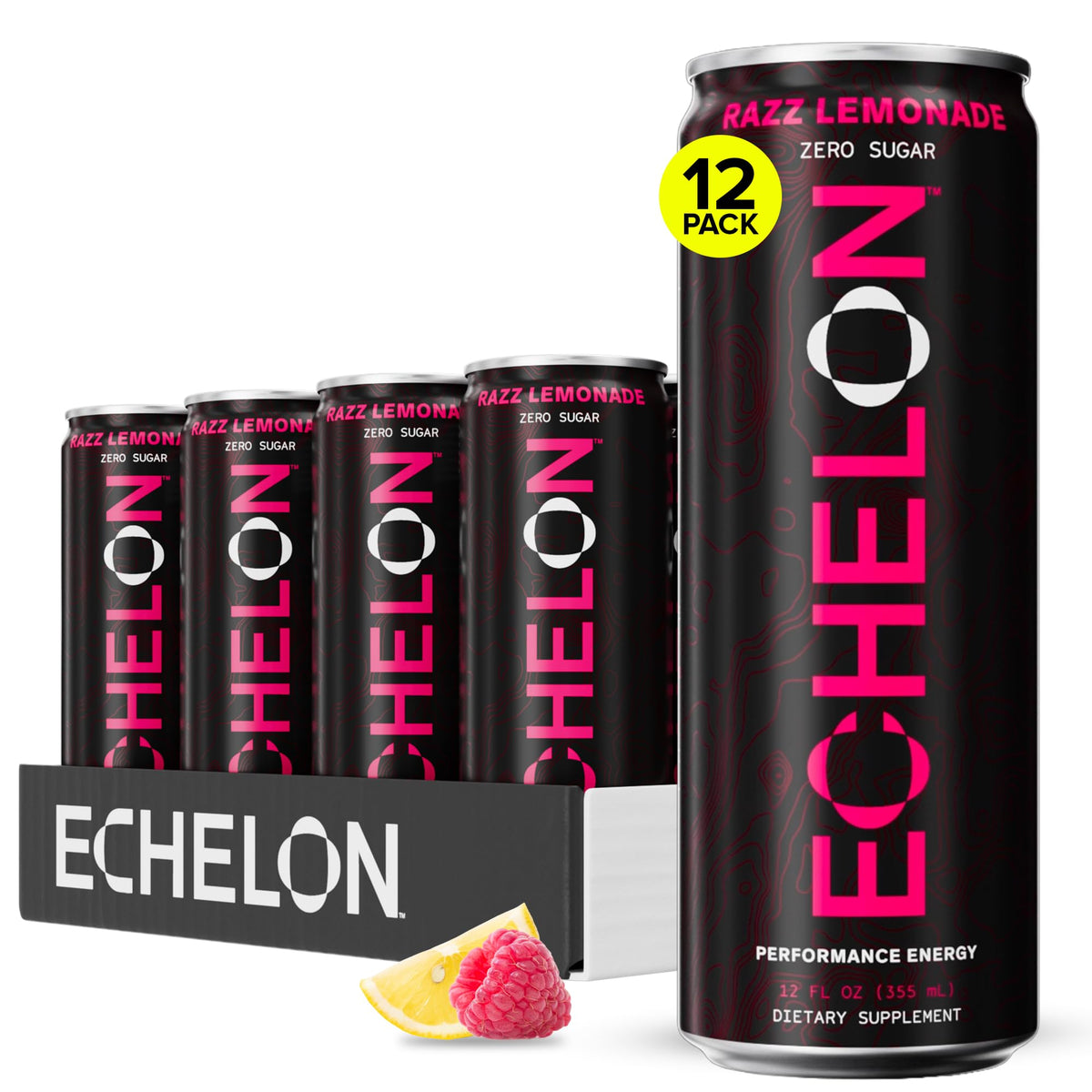 Echelon Razz Lemonade Performance Energy Drink – Zero Sugar, 200mg Caffeine, Endurance & Focus (12 Cans)