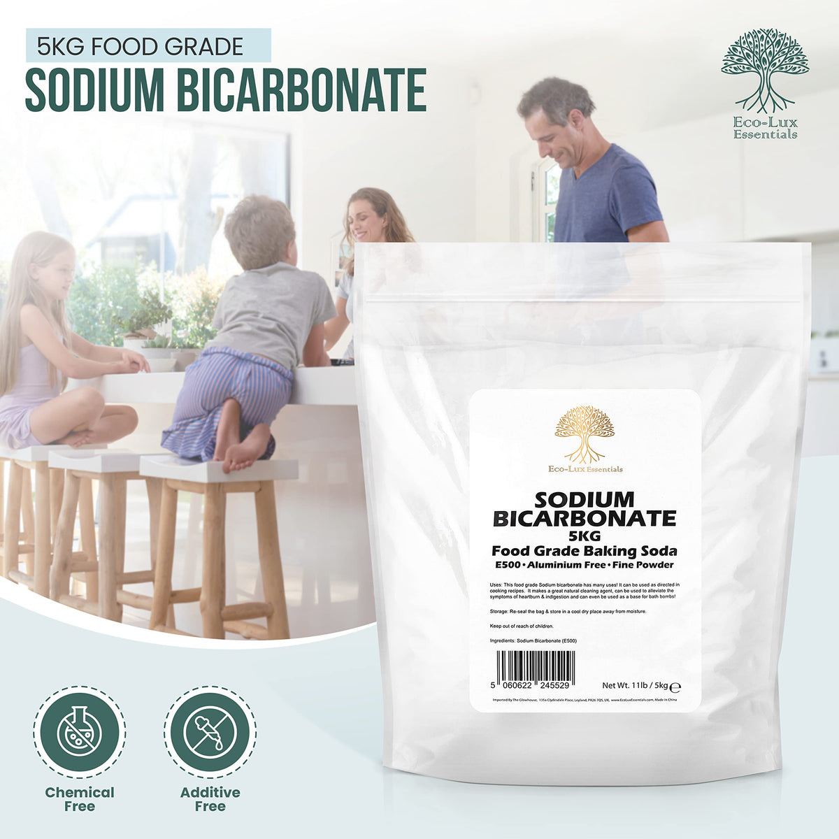 Eco-Lux Essentials Pure Baking Soda 11 lbs – Food Grade for Cleaning, Baking & Pools