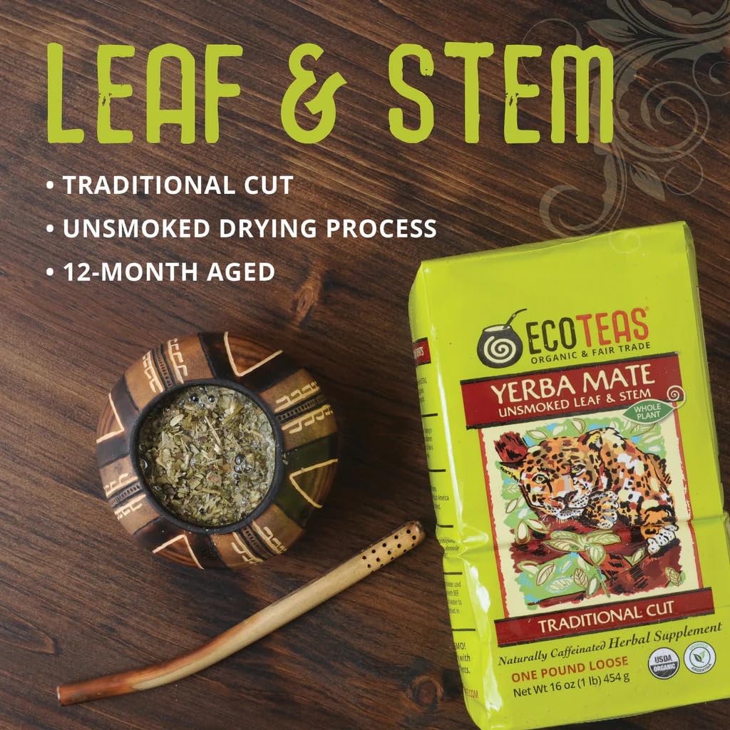 ECOTEAS Organic Yerba Mate Loose Leaf Tea – Unsmoked (Air-Dried) Traditional Cut, 1 lb (Pack of 2) – Argentina