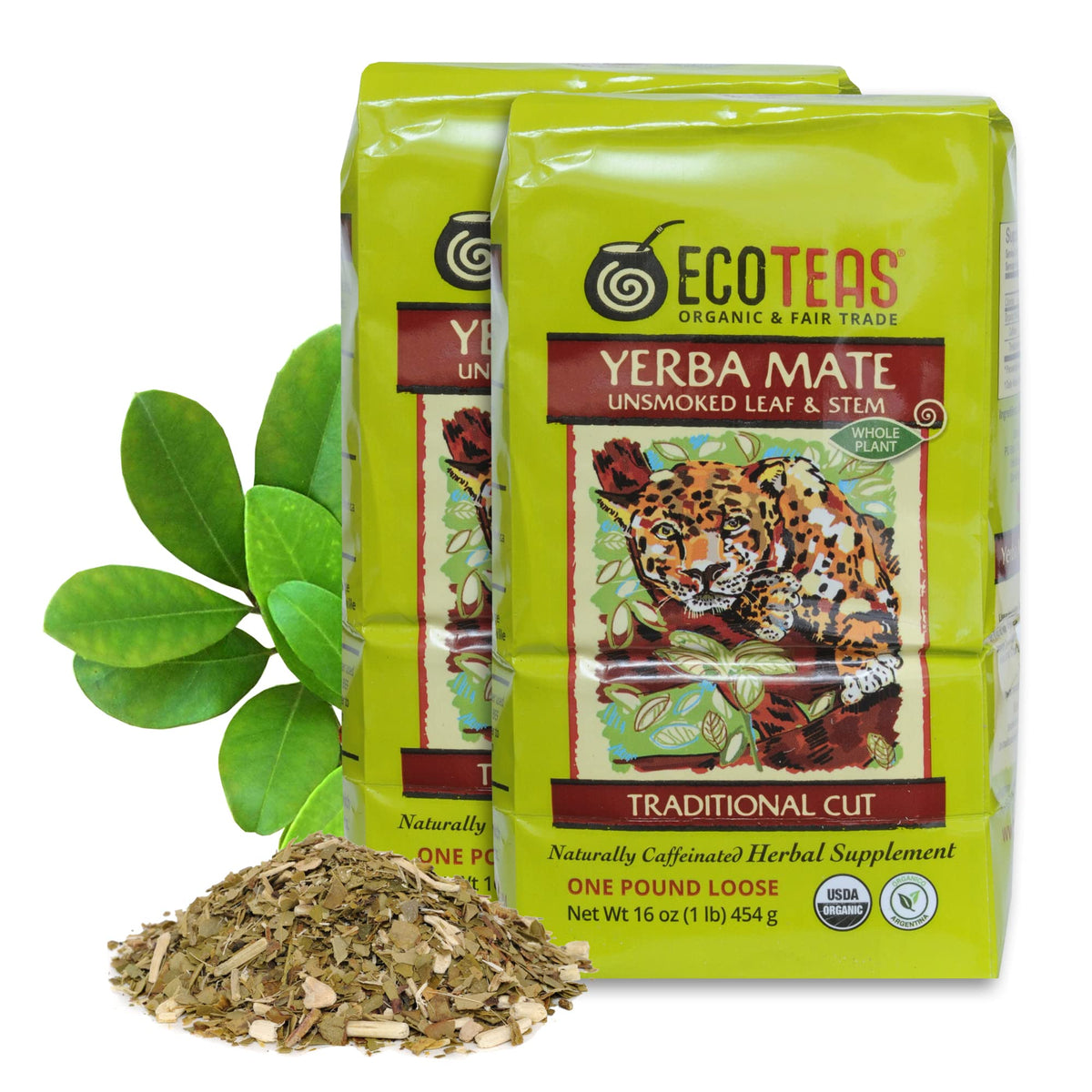 ECOTEAS Organic Yerba Mate Loose Leaf Tea – Unsmoked (Air-Dried) Traditional Cut, 1 lb (Pack of 2) – Argentina