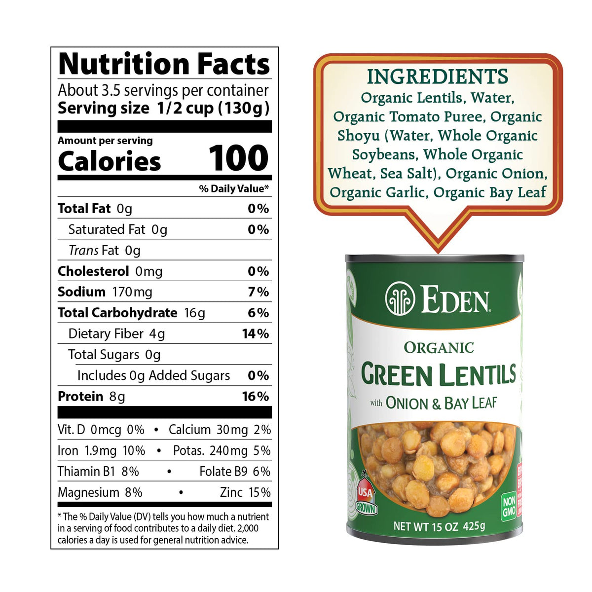 Eden Organic Green Lentils with Onion & Bay Leaf — 15 oz Can, 12-Pack