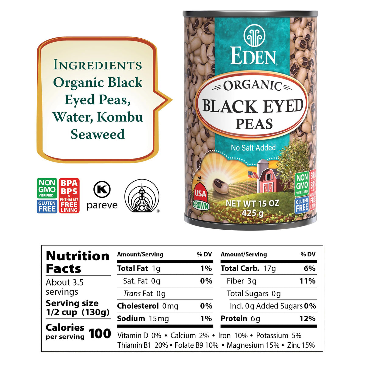 Eden Organic Black Eyed Peas - No Salt Added, 15oz Cans (Pack of 12)