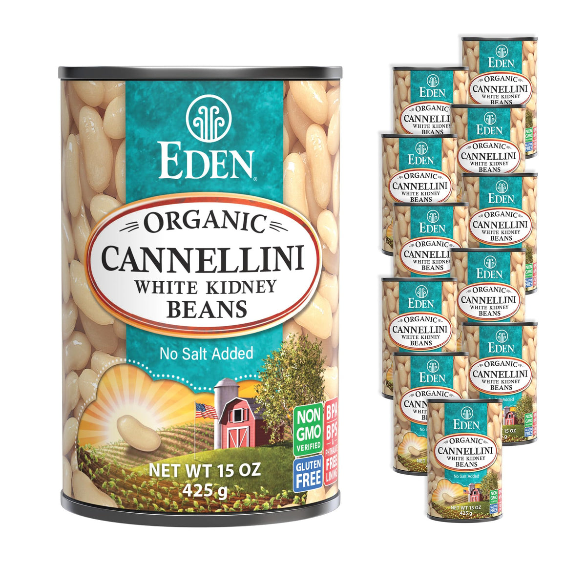 Eden Organic Cannellini White Kidney Beans – No Salt Added, 15 oz Cans (Pack of 12)