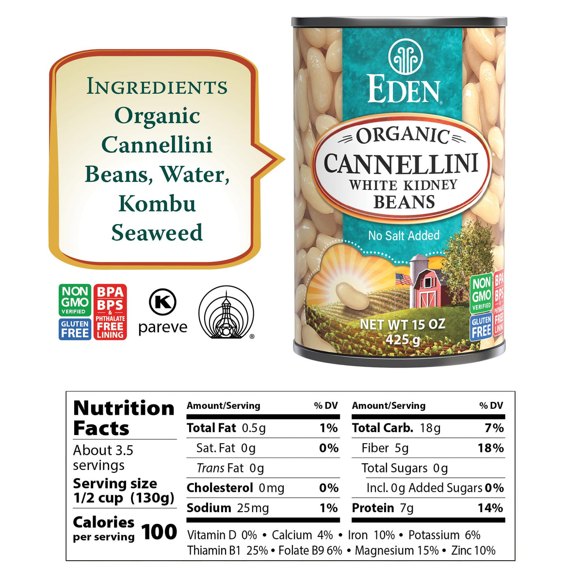 Eden Organic Cannellini White Kidney Beans – No Salt Added, 15 oz Cans (Pack of 12)