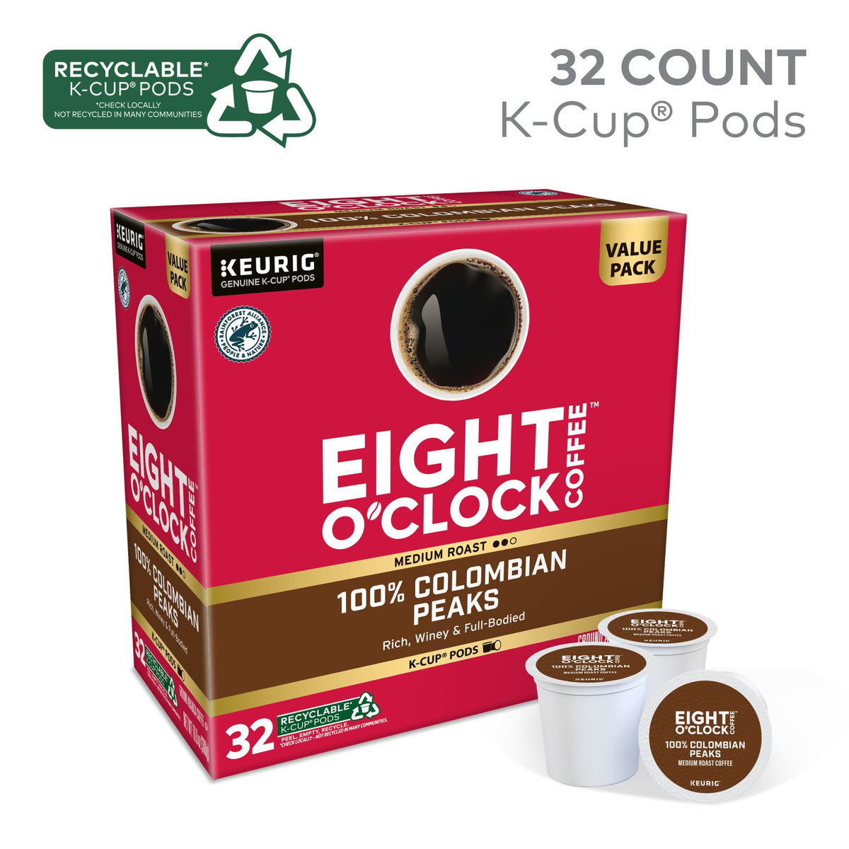 Eight O'Clock Colombian Peaks K-Cup Pods — Medium Roast, 32 Count | 100% Arabica, Kosher