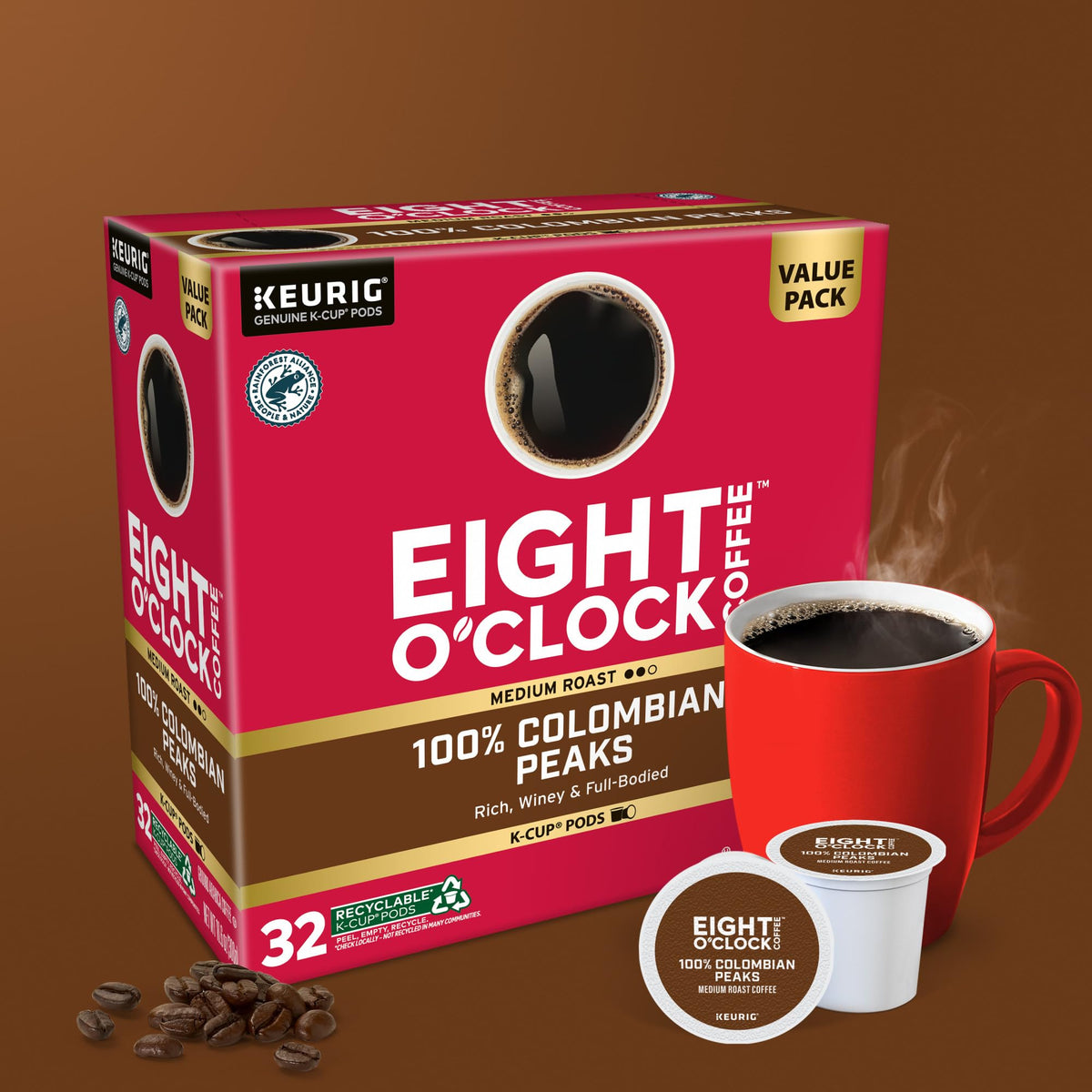 Eight O'Clock Colombian Peaks K-Cup Pods — Medium Roast, 32 Count | 100% Arabica, Kosher