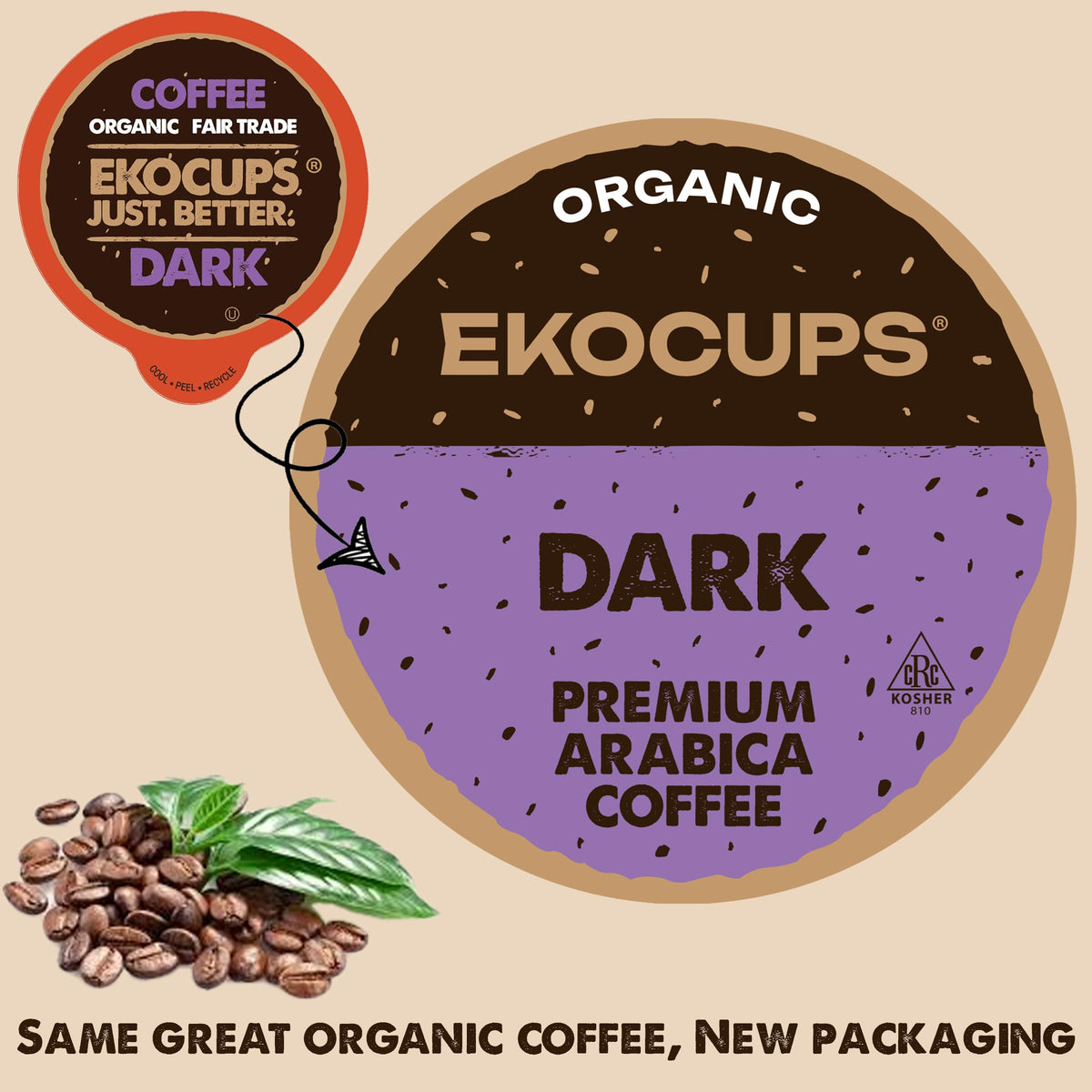 EKOCUPS Organic Dark Roast Coffee Pods - USDA Organic & Fair Trade, Recyclable Keurig Capsules (Box of 40)