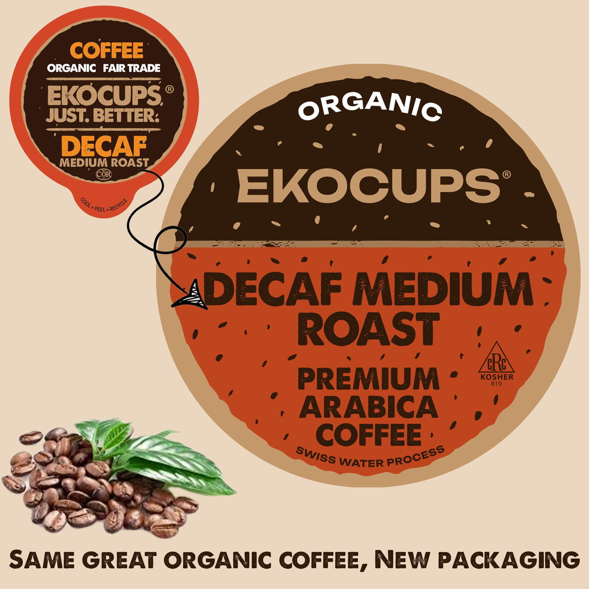 EKOCUPS Organic Swiss Water Decaf Medium Roast Coffee Pods – 30% More Coffee Per Cup, Fair Trade & Recyclable, 40 Count