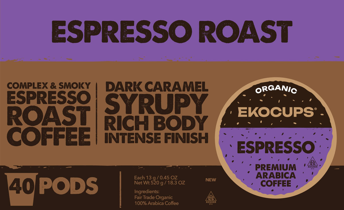 EKOCUPS Organic Espresso Roast Pods – Extra 30% More Coffee Per Cup, Fair Trade Dark Roast, 40-Count for Keurig