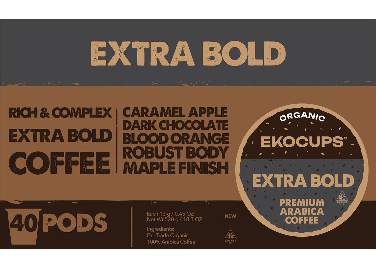 EKOCUPS Organic Extra Bold Roast Coffee Pods – Fair Trade Organic, 30% More Coffee, Recyclable Keurig Pods, 40 Count