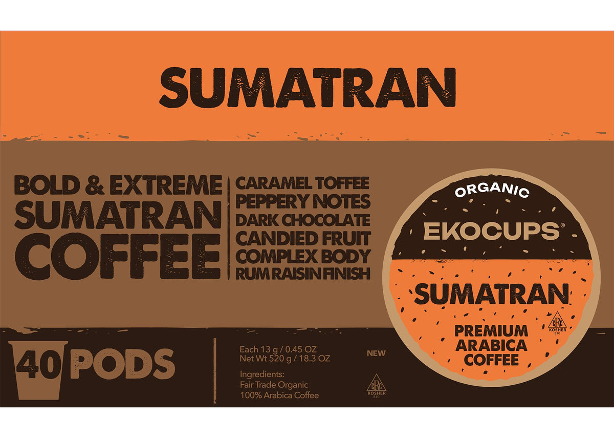 EKOCUPS Organic Sumatra Coffee Pods – 30% More Coffee per Cup, 40 Count | Fair Trade Dark Roast