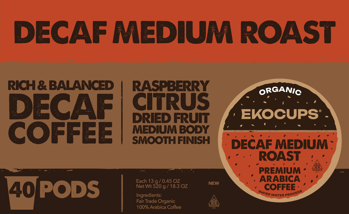 EKOCUPS Organic Swiss Water Decaf Medium Roast Coffee Pods – 30% More Coffee Per Cup, Fair Trade & Recyclable, 40 Count