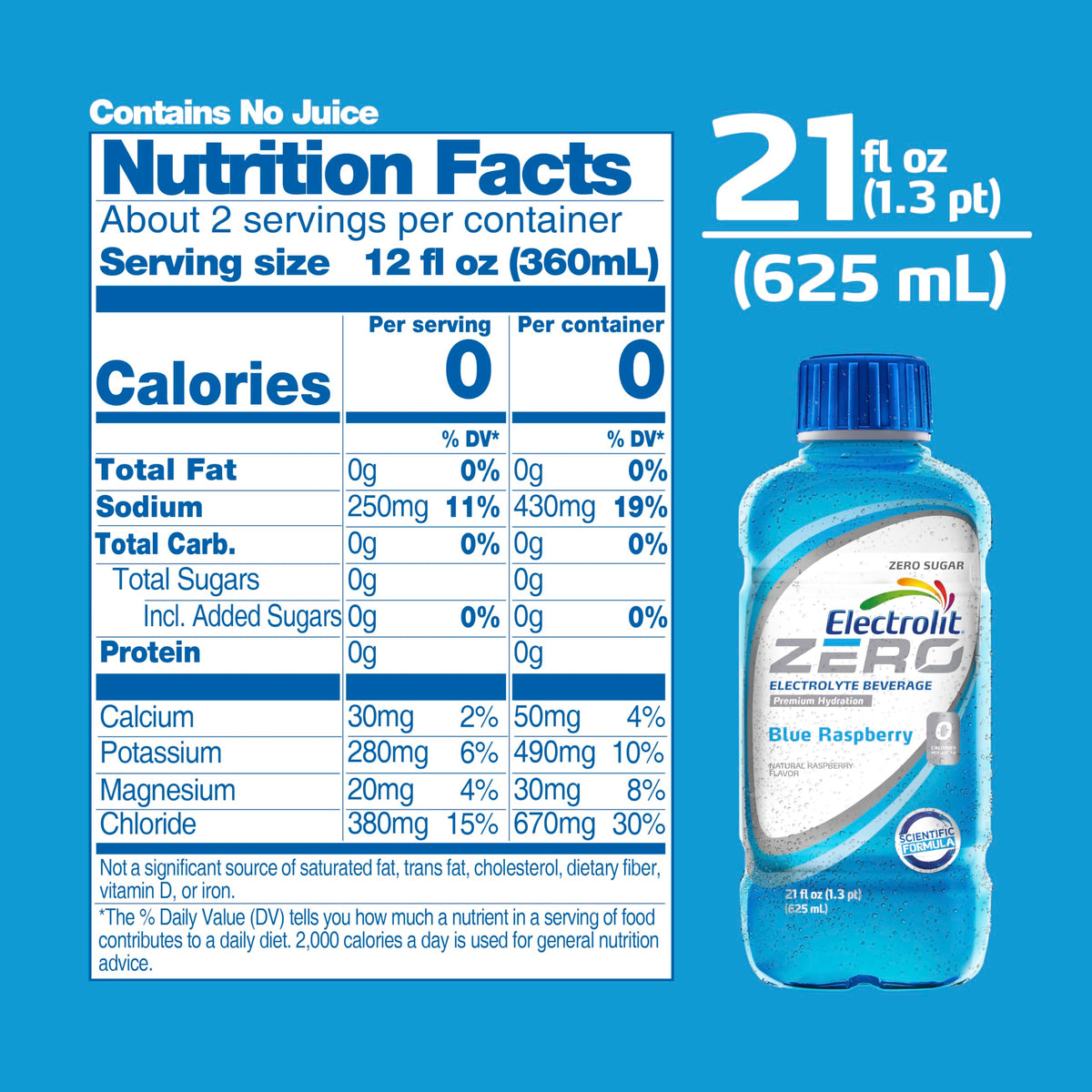 Electrolit Zero Blue Raspberry Electrolyte Beverage — 21 oz Bottle (Pack of 12)